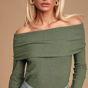 Lulus Austra Olive Green Off-the-shoulder Knit Sweater Top - Size S